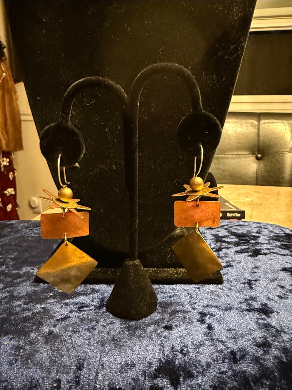 Artisan unusual copper and brass pierced earrings with dangling drops